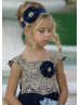 Gold Lace Navy Blue Tulle Ankle Length Flower Girl Dress